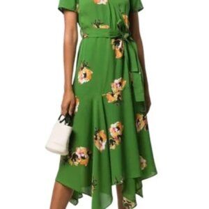 A.L.C. Cora Floral Silk Wrap Midi Dress - Kelly Green Floral Print - Size 0
